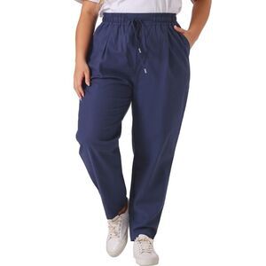 Plus Size Straight Leg Drawstring Elastic Trousers with Pockets Navy Blue
